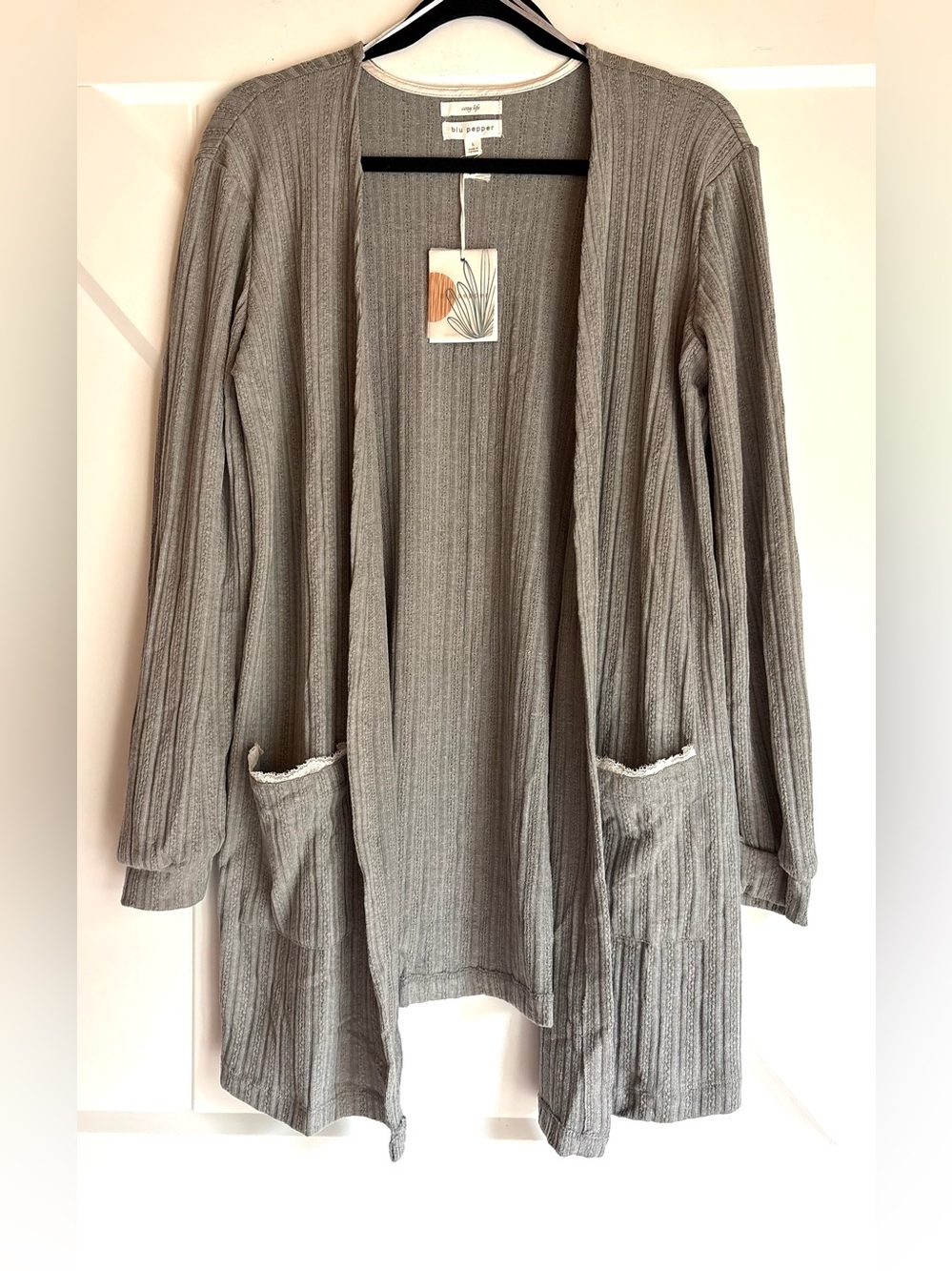 Blu Pepper Gray Cozy Life Ribbed Open Cardigan L NWT